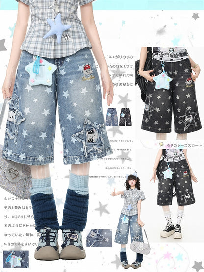 Kawaii Blue Star Print Cropped Jeans with Distressed Embroidery - Languid Park
