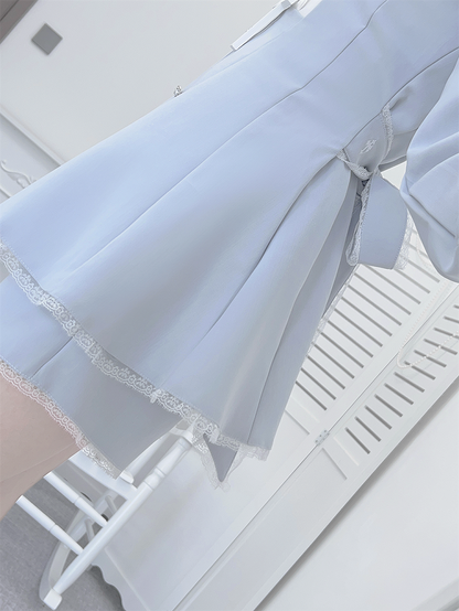 Water Kei Collar Blue Jirai Ensemble: Dress Ethereal Cross-Embroidered