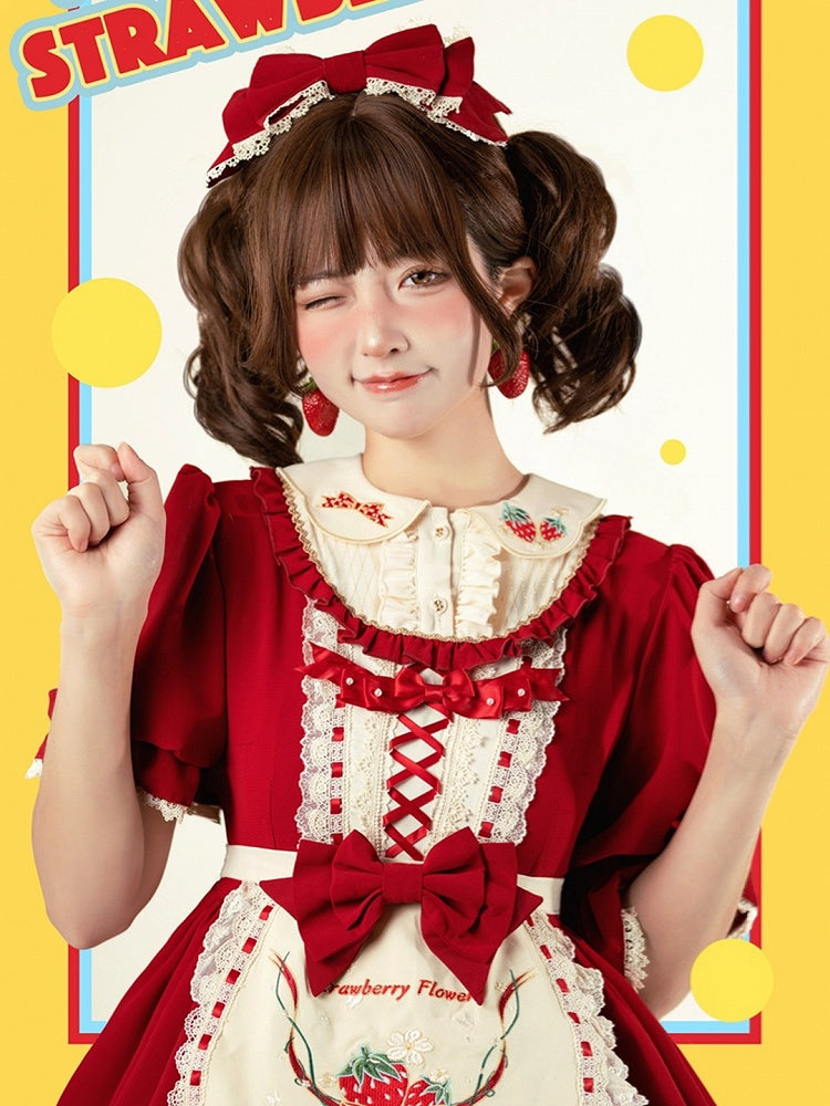 with Lolita Hem and Sweet Beige Embroidered Red Dress Ruffle Strawberry Short-sleeved Apron
