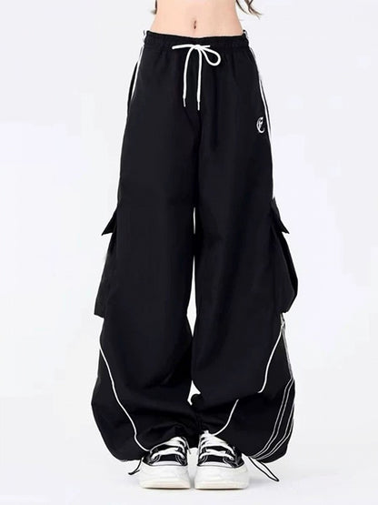 Black Drawstring Wide-Leg Cargo Pants with Side Utility Pockets