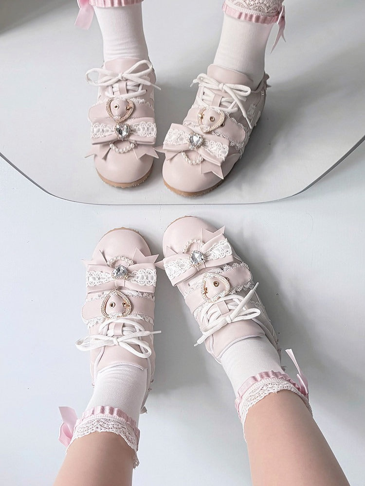 Pink Jirai Kei Style Shoes with Heart Buckle, Bowknot & Crystal Embellishments - Transfer Student