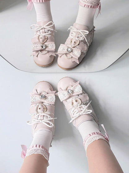 Pink Jirai Kei Style Shoes with Heart Buckle, Bowknot & Crystal Embellishments - Transfer Student