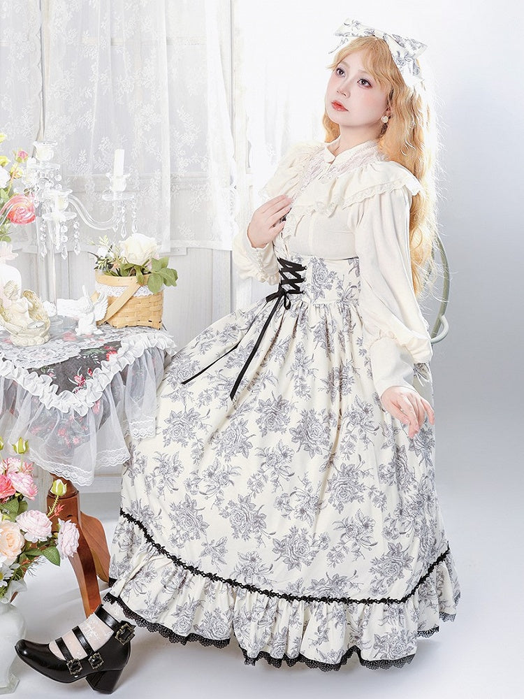 Lace Rosette Print Black Lolita Elegant Waist High with Trim Beige Boned Classic Skirt