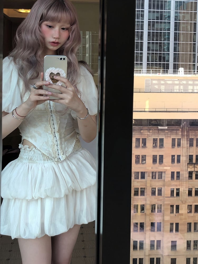 Ruffle-Trimmed Tiered Skirt Apricot Bubble Mini