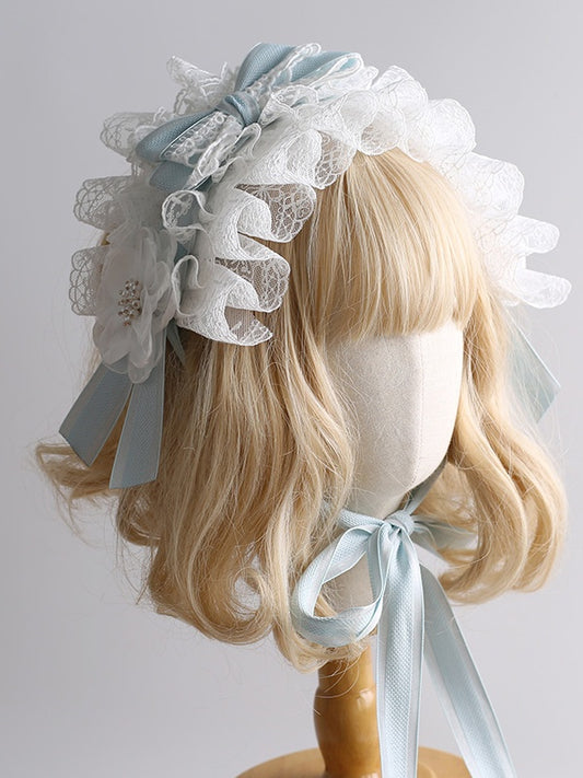 Light Gorgeous Flower Lolita Hairband Bowknot Cute Blue Lace Detachable White With