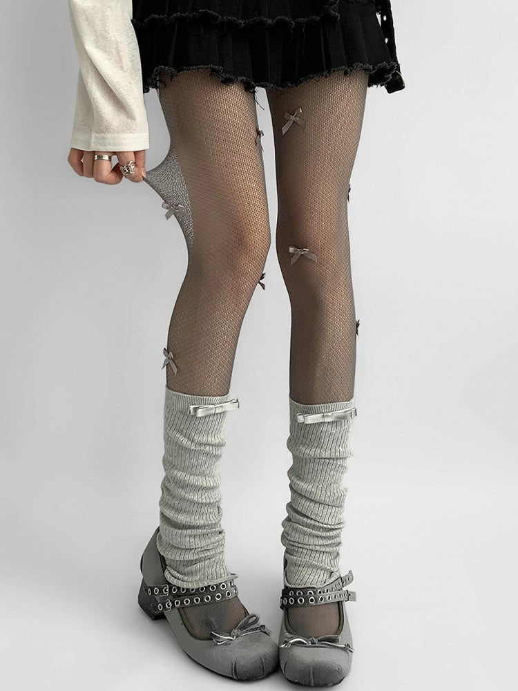 Gray/Brown/White Bowknot Details Tights