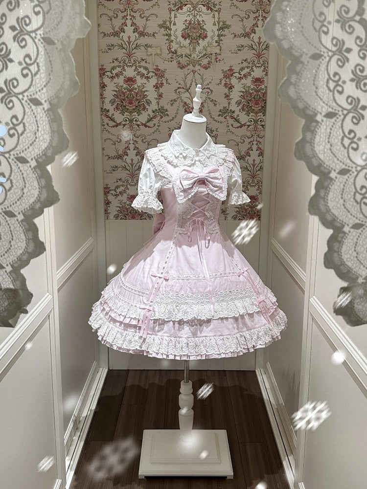Snowy Pink Cotton JSK Dress with Ruffle Edging
