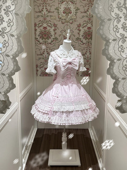 Snowy Pink Cotton JSK Dress with Ruffle Edging