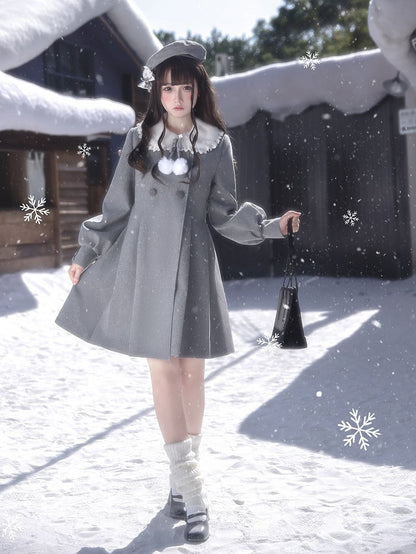 Coat Decor Pom-Pom Wool Waist-Tie Gray Aesthetic