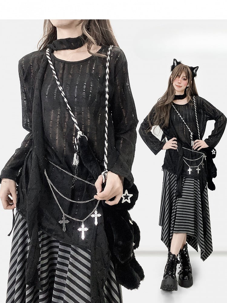 Cutout Sleeves Detail + Top Asymmetrical Hem Long Black Scarf