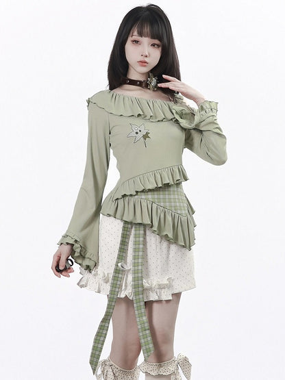 Asymmetrical Polka Dot Ruffled Skirt with Plaid Belt and Shorts - PINK SAVIOR