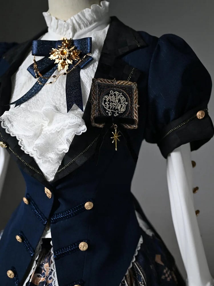 パフカラー スプリットテールスリーブ ブレザー ショート ブルー トップス ダーク