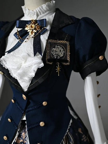 パフカラー スプリットテールスリーブ ブレザー ショート ブルー トップス ダーク