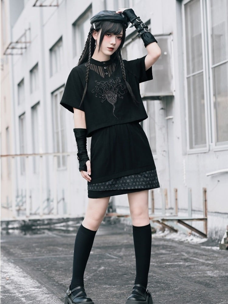 Dark Lace Patch Top with Sea Lily Stitching - Quirky Hut