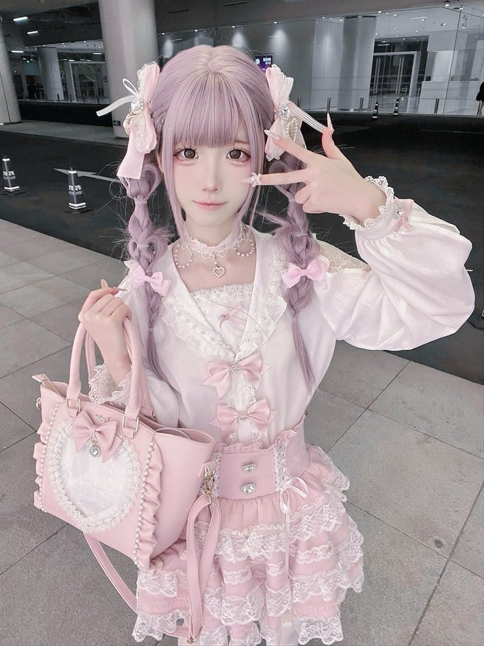 Landmine-Style Beaded Sailor-Collar Blouse, Bow & Lace, White Pink - Puppet Bombs