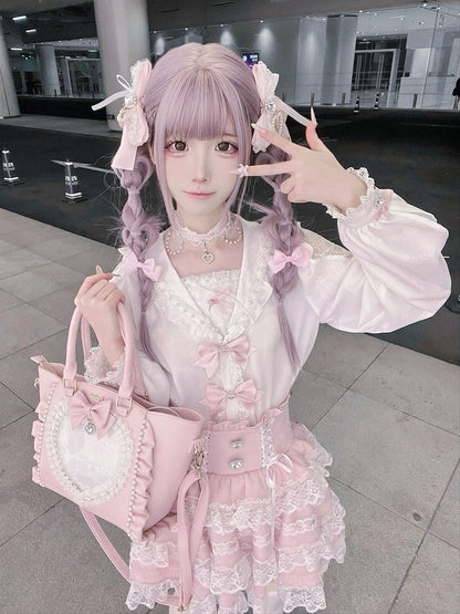 Landmine-Style Beaded Sailor-Collar Blouse, Bow & Lace, White Pink - Puppet Bombs
