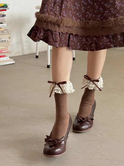 Ribbed Ruffled Socks Bow Cuffs Lace with