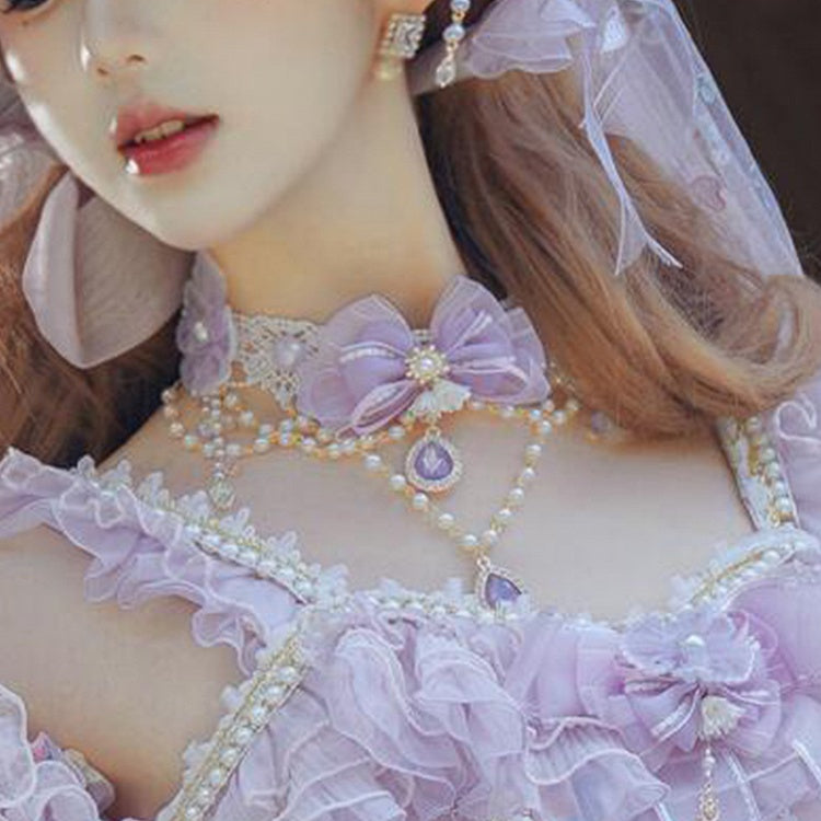 Decorated Details Bow Chain Bead Purple Necklace