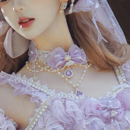 Decorated Details Bow Chain Bead Purple Necklace