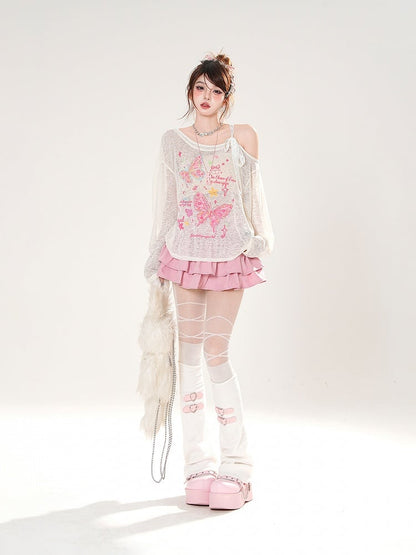 Asymmetrical Neckline Butterfly Print Apricot/Green