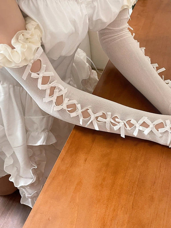 Mesh Style White Bow (2 Lace Cuffs Wrist Long Lolita Colors:
