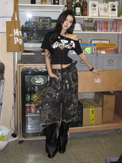 Waist with White Black / Asymmetrical Lace-up Neckline T-Shirt