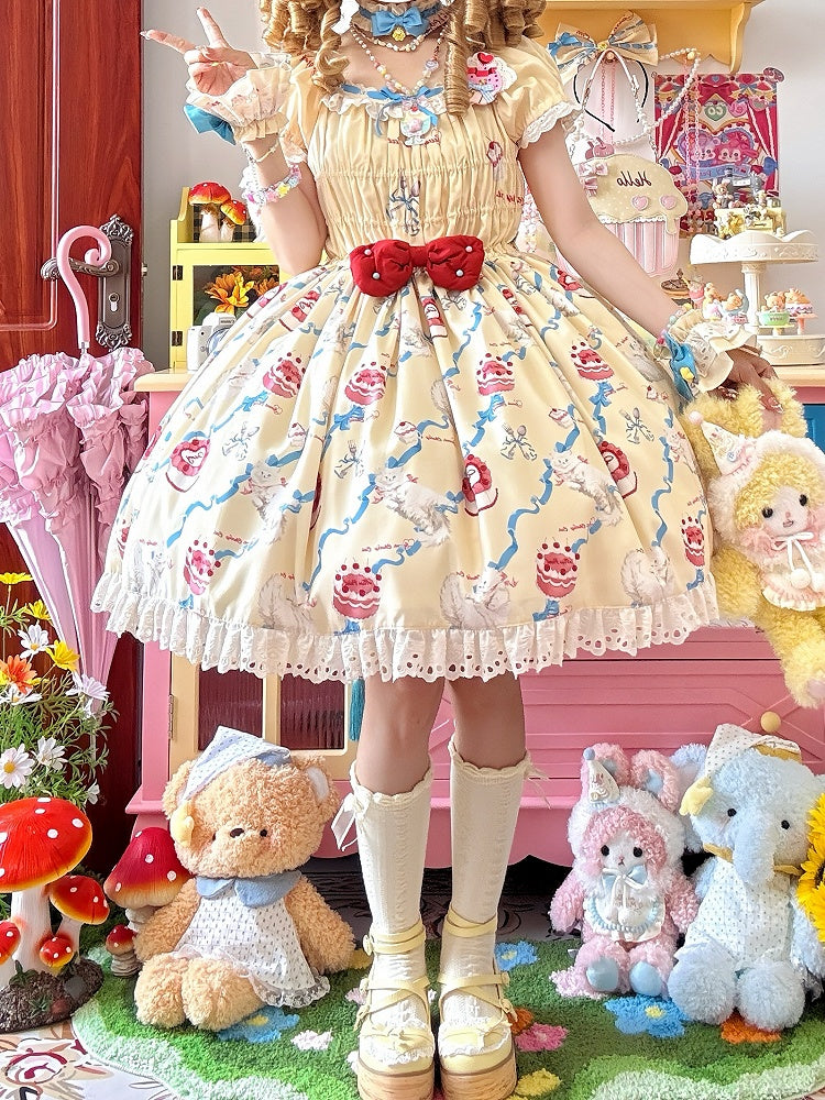 Smocked Cream One Lolita Bows Sweet and Piece Kitty Yellow Elastic Print Bodice