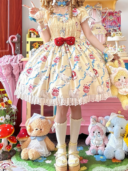 Smocked Cream One Lolita Bows Sweet and Piece Kitty Yellow Elastic Print Bodice