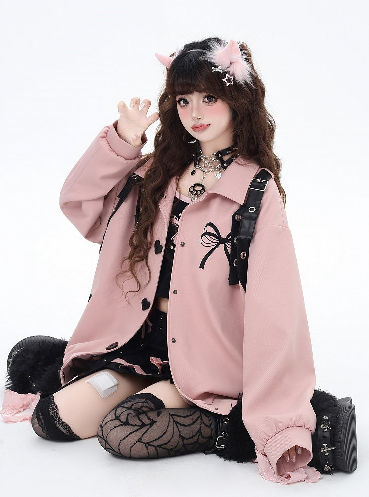 Pink Heart-shaped Snap Baseball Jacket with Detachable Bowknot Strap