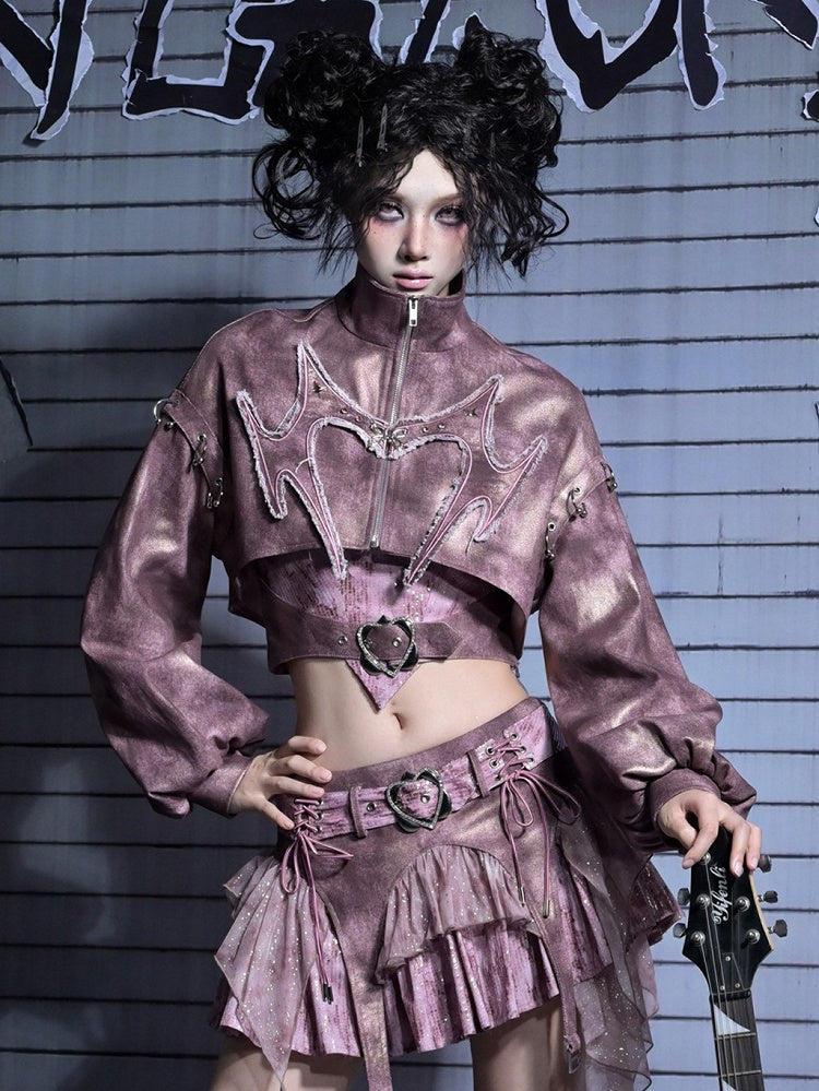 with Sleeves Applique Denim Punk Cutout Pink Y2K Dusty Bishop Jacket Crop Pastel Heart Distressed