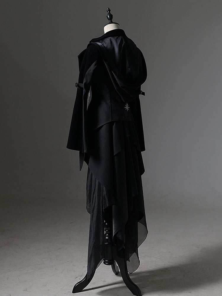 and Gothic Ouji Detachable Black Hood Irregular with Sleeves Coat Train Trumpet Lolita Trench
