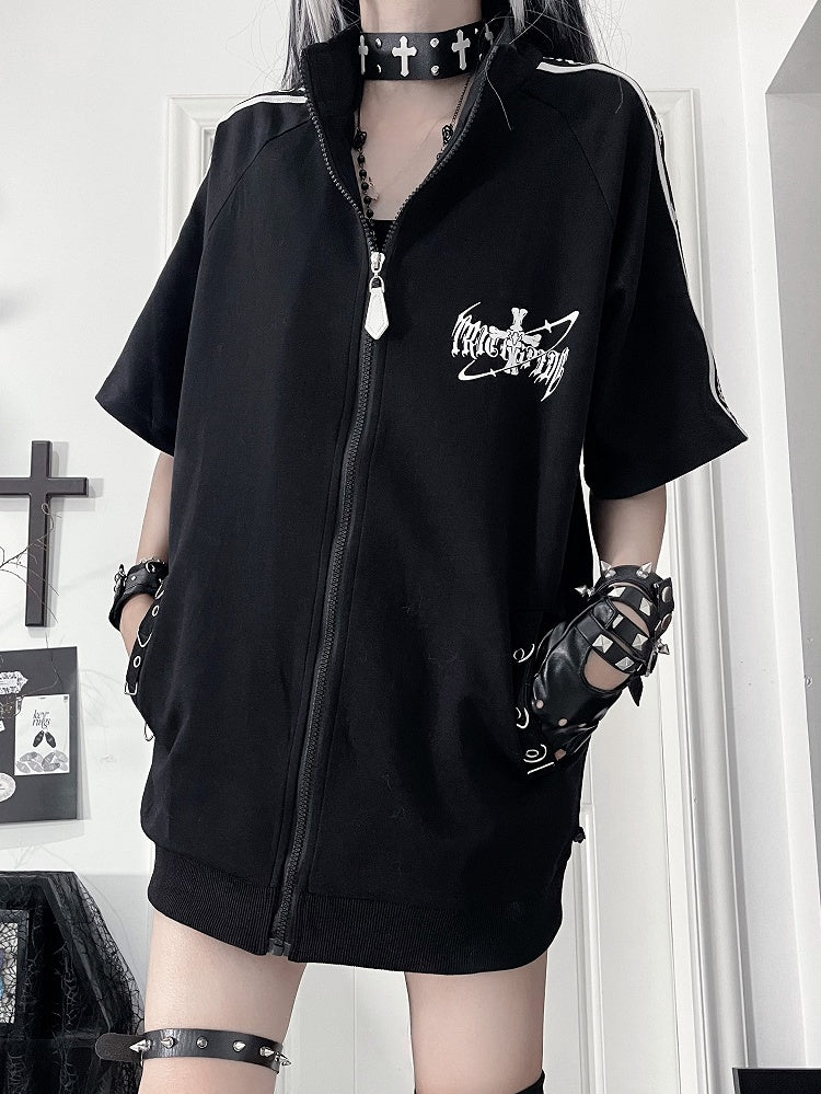 White Jacket Punk Short Sleeve Zip-Up Striped with Cross Sleeves Black Print