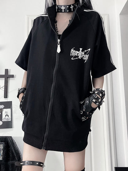 White Jacket Punk Short Sleeve Zip-Up Striped with Cross Sleeves Black Print