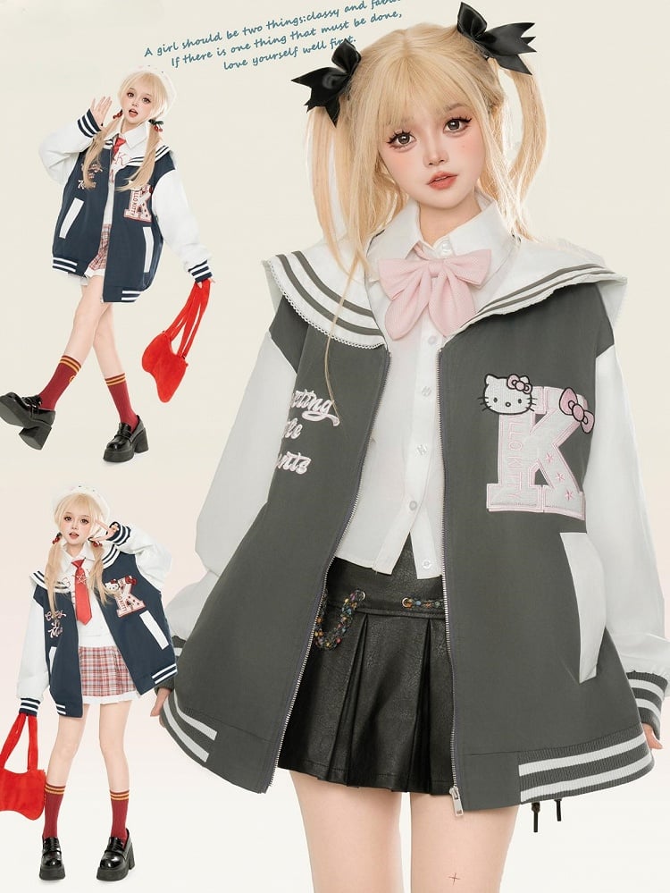 Grey/Navy Blue Kitty Embroidery Sailor Collar Spring Zip Jacket