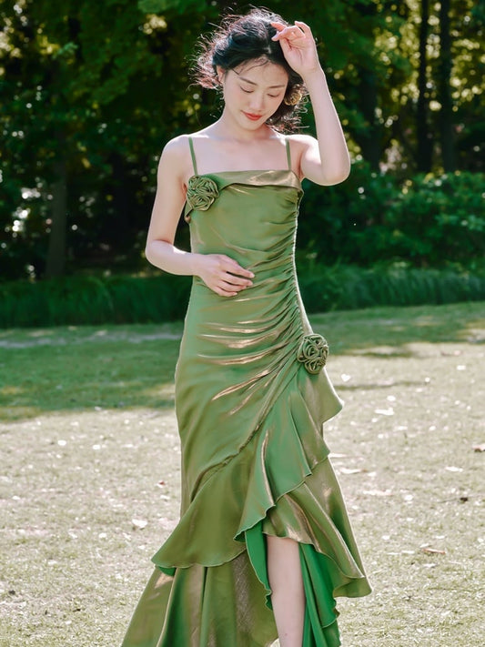 グリーンフローラルマーメイドスカートフラウンスヘムキャミドレス