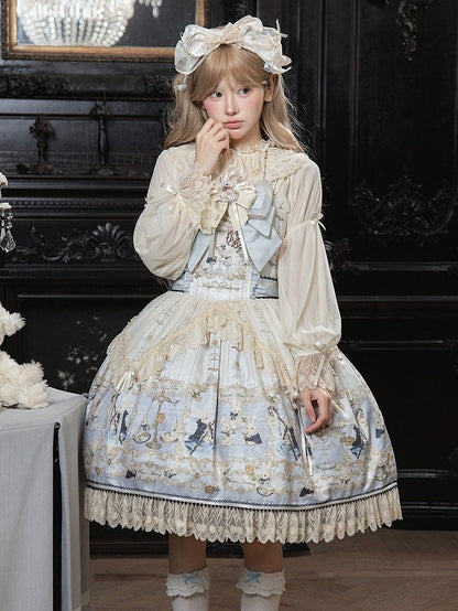 Azure Rabbit-Print Bow JSK with Lace Blouse - Stars Fall on the Foggy Island