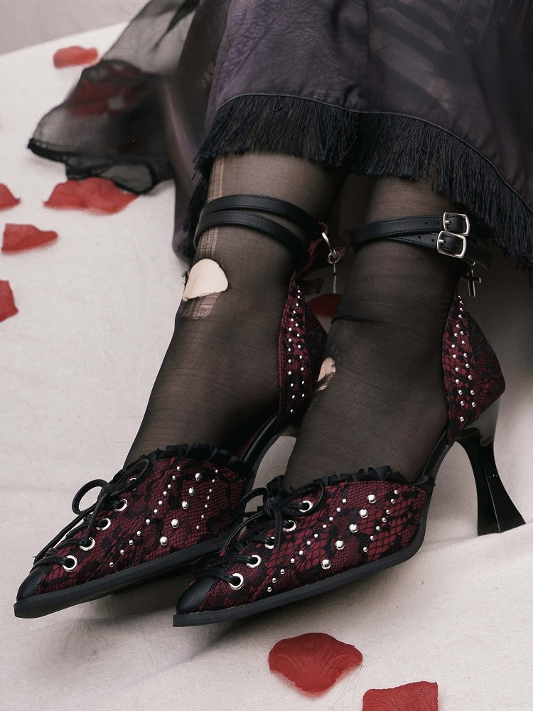 Studded Details Pointed - Cross Lacing Toe High Heels Accents with Gothic Red