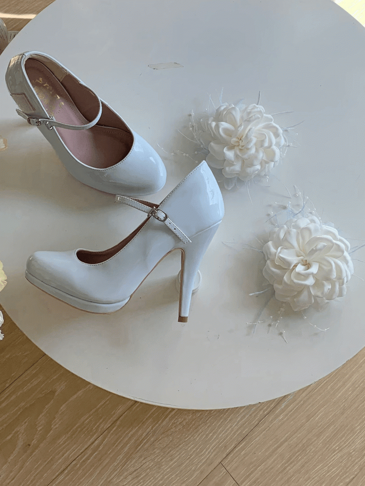 PU Lolita with Elegant Heels Embellishments in Detachable Leather Jane Style Floral Blue Mary