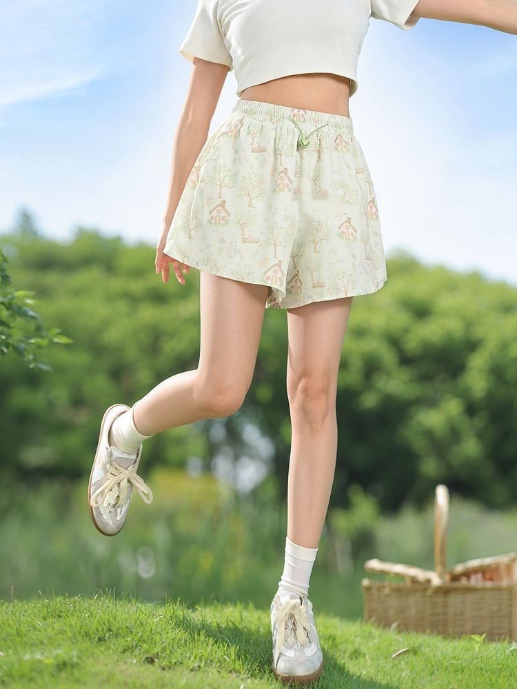 Adorable Bunny Print Green Drawstring Waist Wide-leg Shorts
