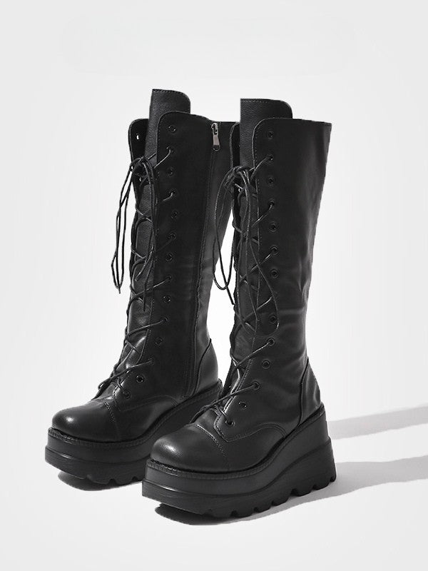 Fashion Side with - Knee-High Closure Gothic Design Dual System Platform Zip Black Lace-Up Boots in