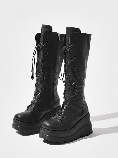 Fashion Side with - Knee-High Closure Gothic Design Dual System Platform Zip Black Lace-Up Boots in