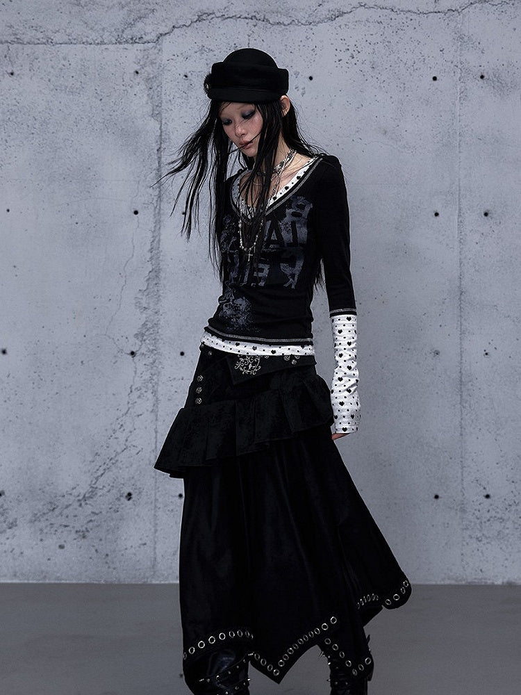 Rock Black Print Details V-neck - Top Punk Shoulder Button Sleeve Long Number