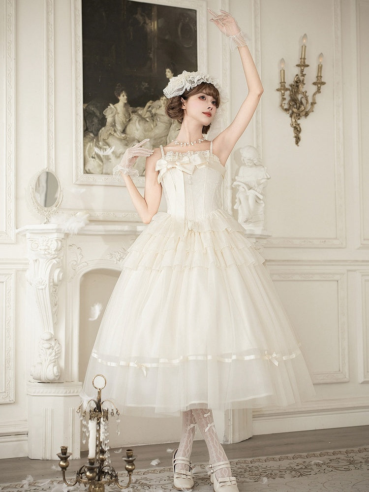 Creamy Boned Waist Elegant Lolita Long JSK Dress + Necklace + Hairband + Floral Hairclip - With PUJI