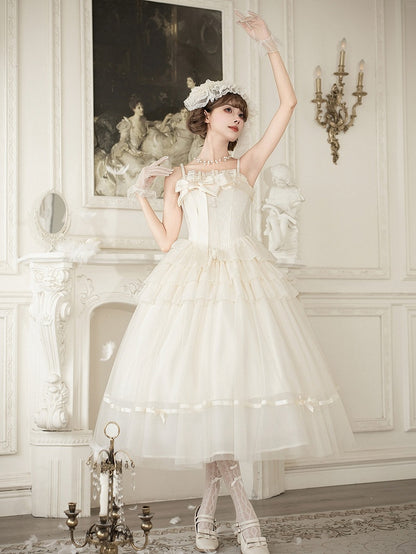 Creamy Boned Waist Elegant Lolita Long JSK Dress + Necklace + Hairband + Floral Hairclip - With PUJI