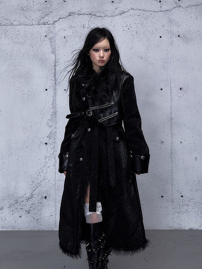 Coat 2-Way Pockets Belt Wasteland Functional Waist with Tie Black Punk