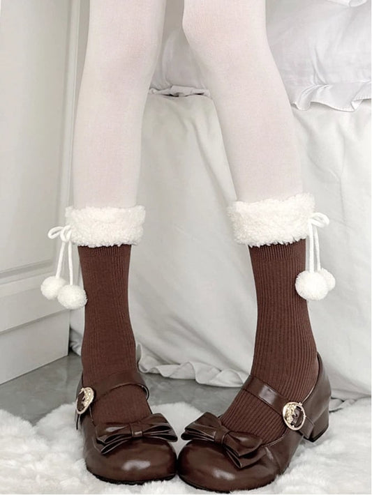 Ties (Cozy White Fluffy Warm Socks Coffee Style) Ribbed Sweet with Pom-Pom Cuff