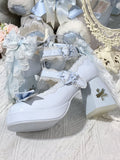 with Design Romantic Clasp in High Heels PU Openwork Lolita Sweet Floral Block Blue Heel
