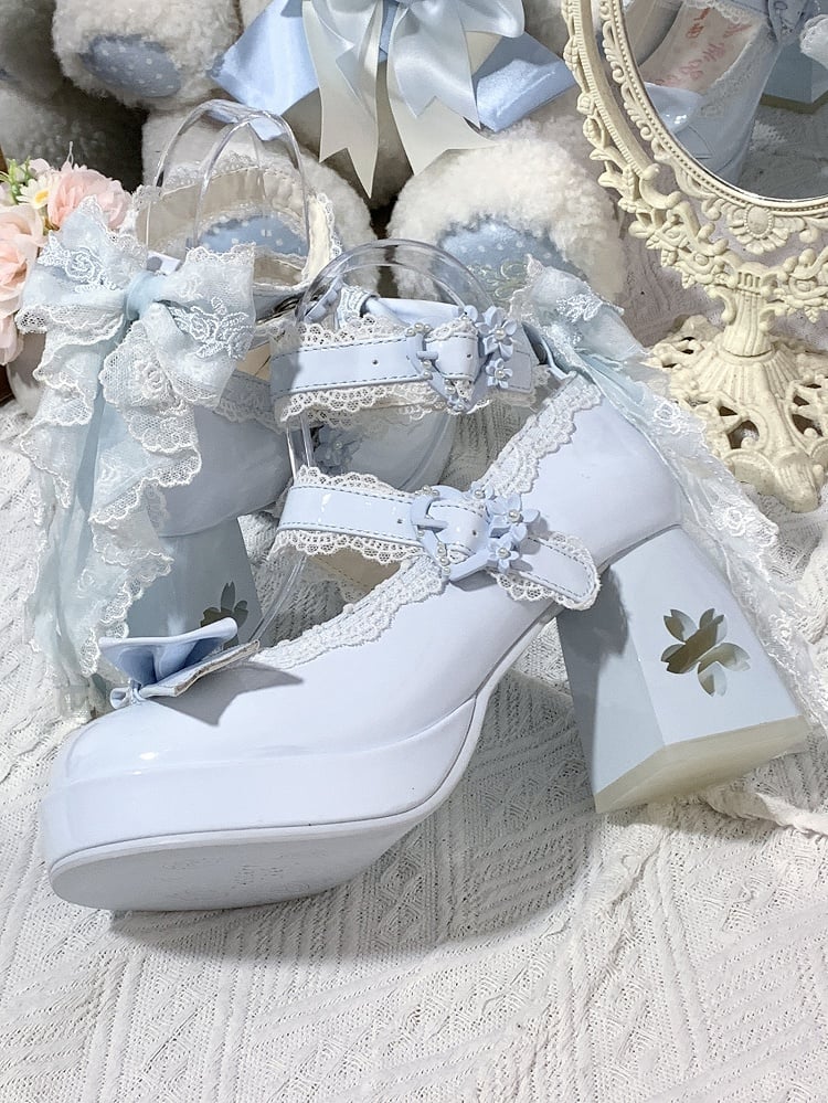 with Design Romantic Clasp in High Heels PU Openwork Lolita Sweet Floral Block Blue Heel