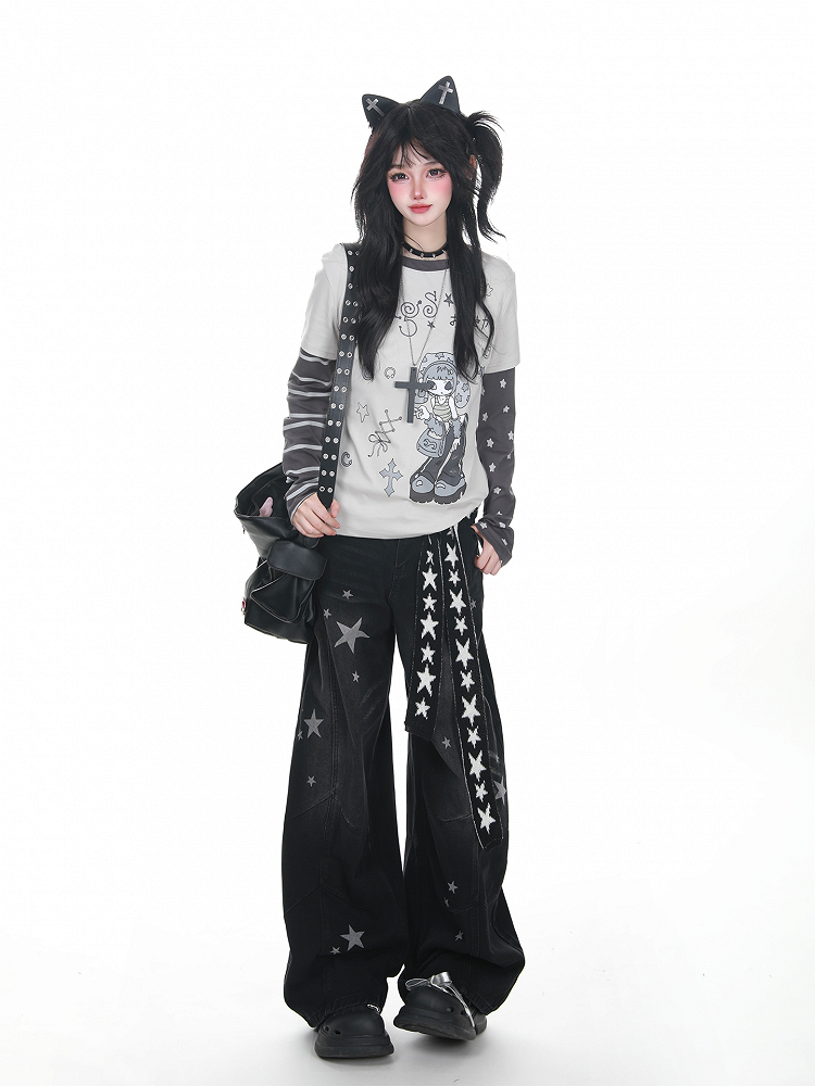 Two-Piece Print with Faux Cartoon Girl Striped Top BlackGray/YellowGreen Sleeves