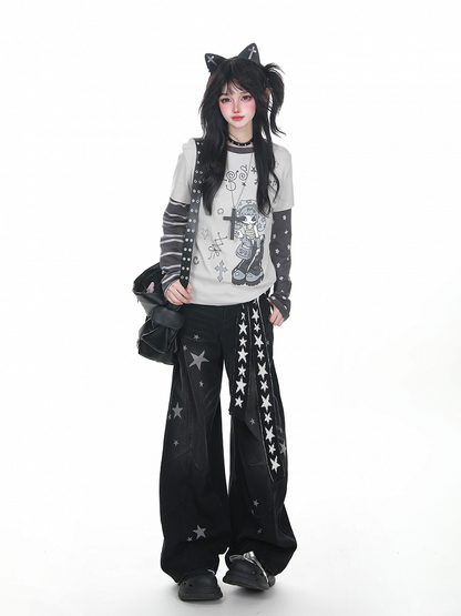 Two-Piece Print with Faux Cartoon Girl Striped Top BlackGray/YellowGreen Sleeves